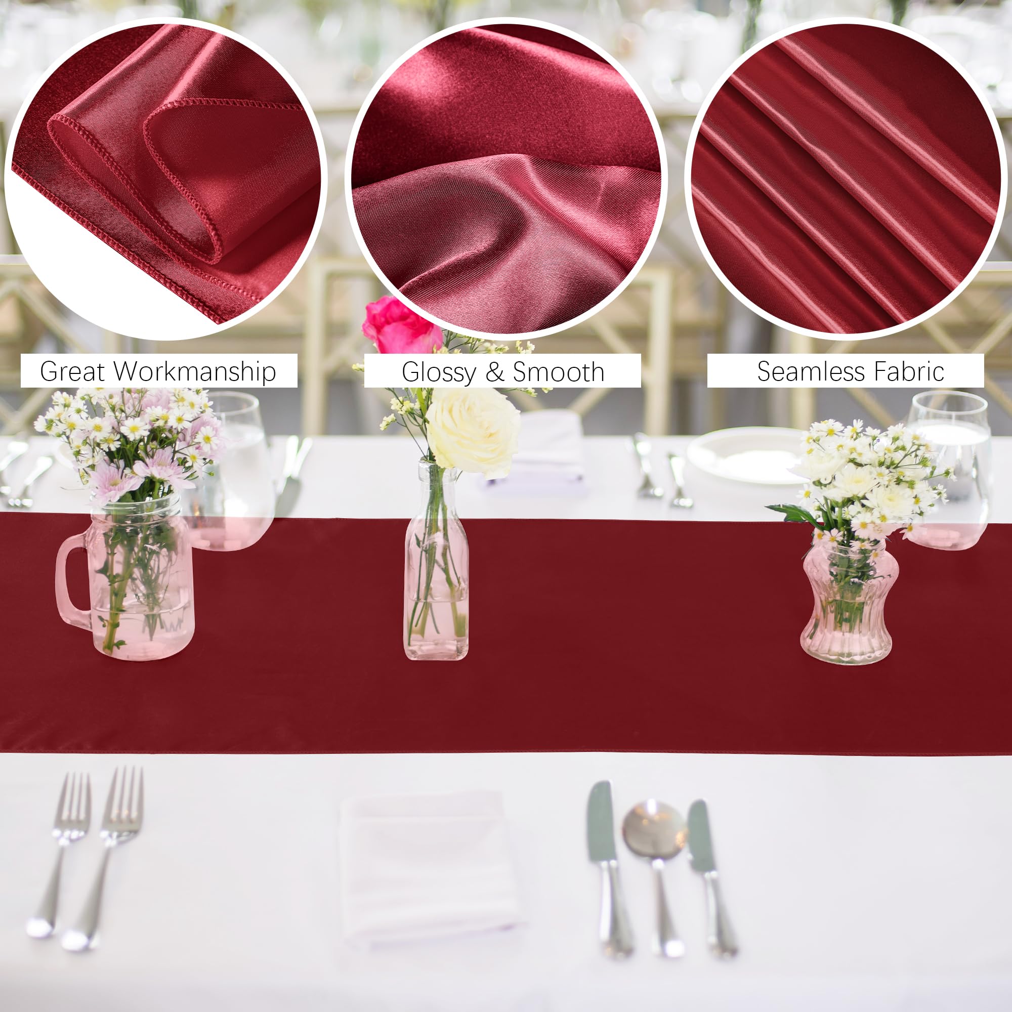 Aneco 12 Pack Satin Table Runner 12 X 108 Inch Burgundy Long Wedding Satin Silk Table Runner For Wedding Banquet Graduations Bir